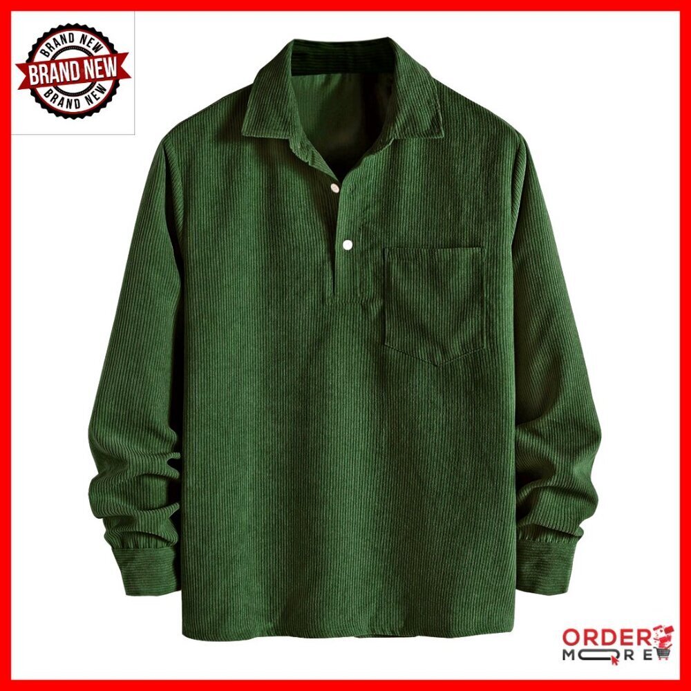 Men's Corduroy Pullover Polo Shirt Long Sleeve Button Front Pocket